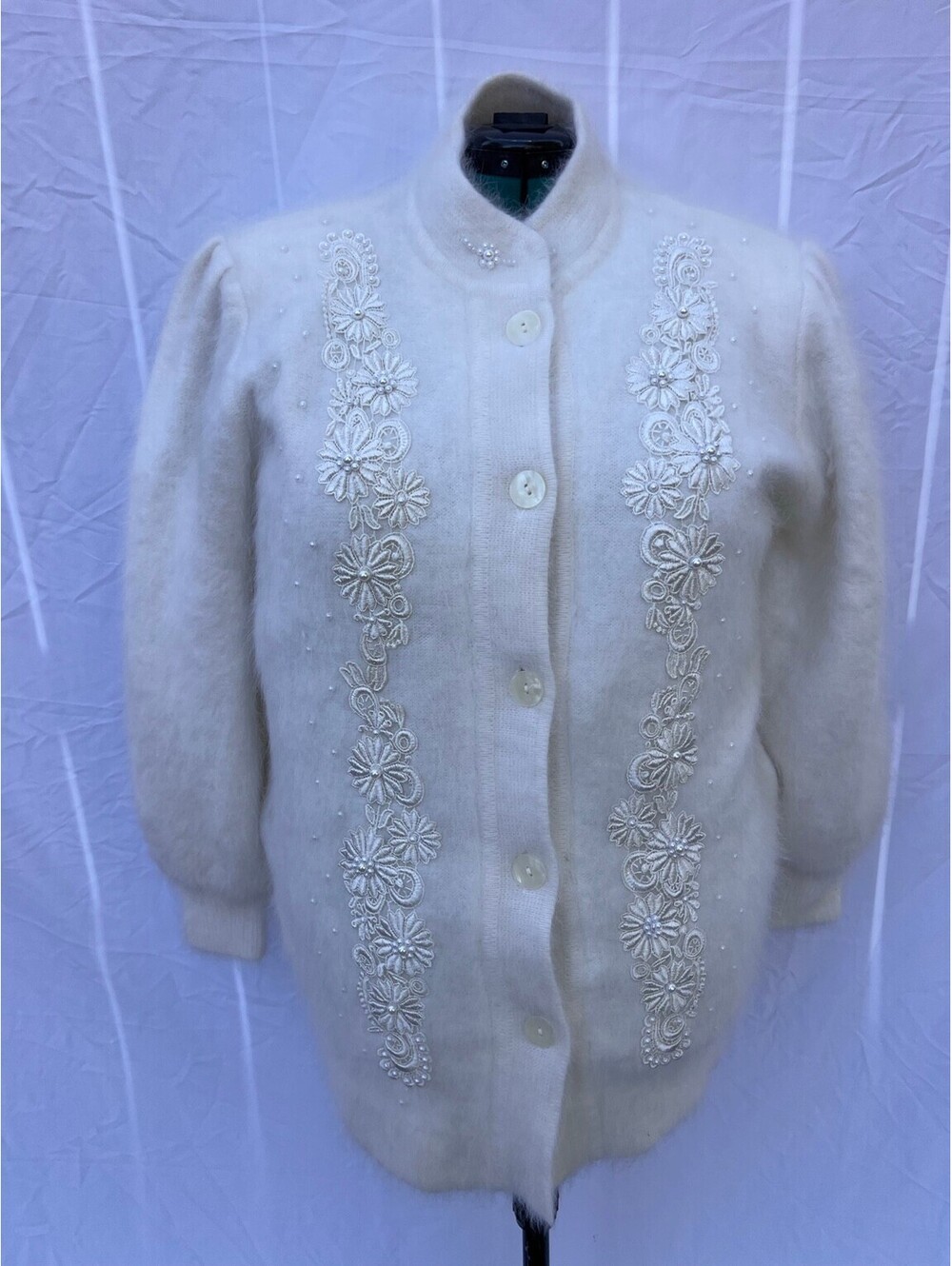 Vintage Lee Sands Angora Rabbit Hair Pearl Floral Cardigan Jacket Ivory One Size